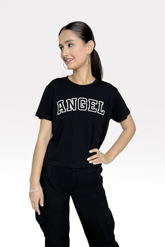 Slayink Women Angel Graphic black tshirt,black t-shirt women, printed t-shirt women, graphic print black tee. casual wear, cute gahic tshirt , black top, loose tshirt womens, womens print tshirt, printed gym t-shirt women, college wear tshirt, relaxed fit t-shirt , women workout tshirt
