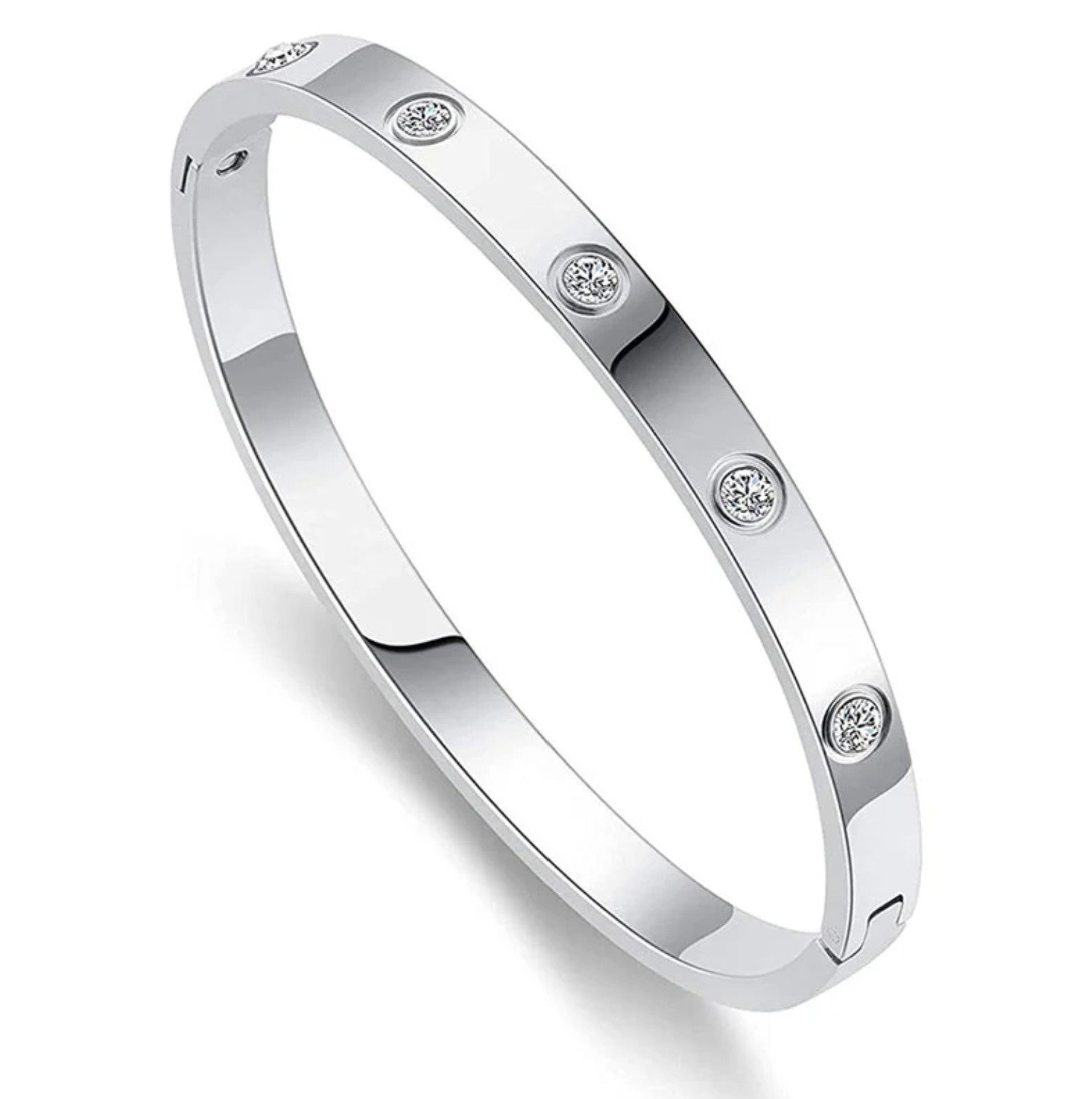 Silver American diamond bracelet with anti-tarnish finish.
Minimal silver-plated bangle with studs.
silver studded bracelet for women.
Elegant women’s silver bracelet.
Slayink Bracelet, silver bangle