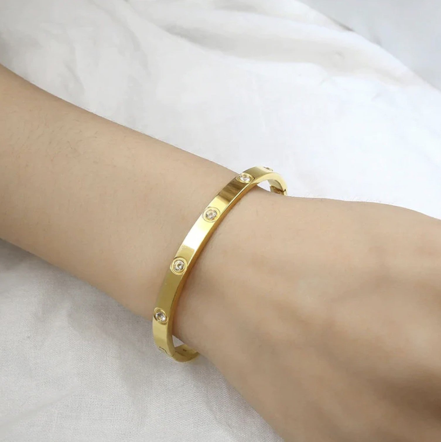 Gift for Her, gold bangle, anti-tarnish, women bracelet, love bracelet, Gold Bracelet, Minimal Jewelry, studded bracelet, rhinestone studded