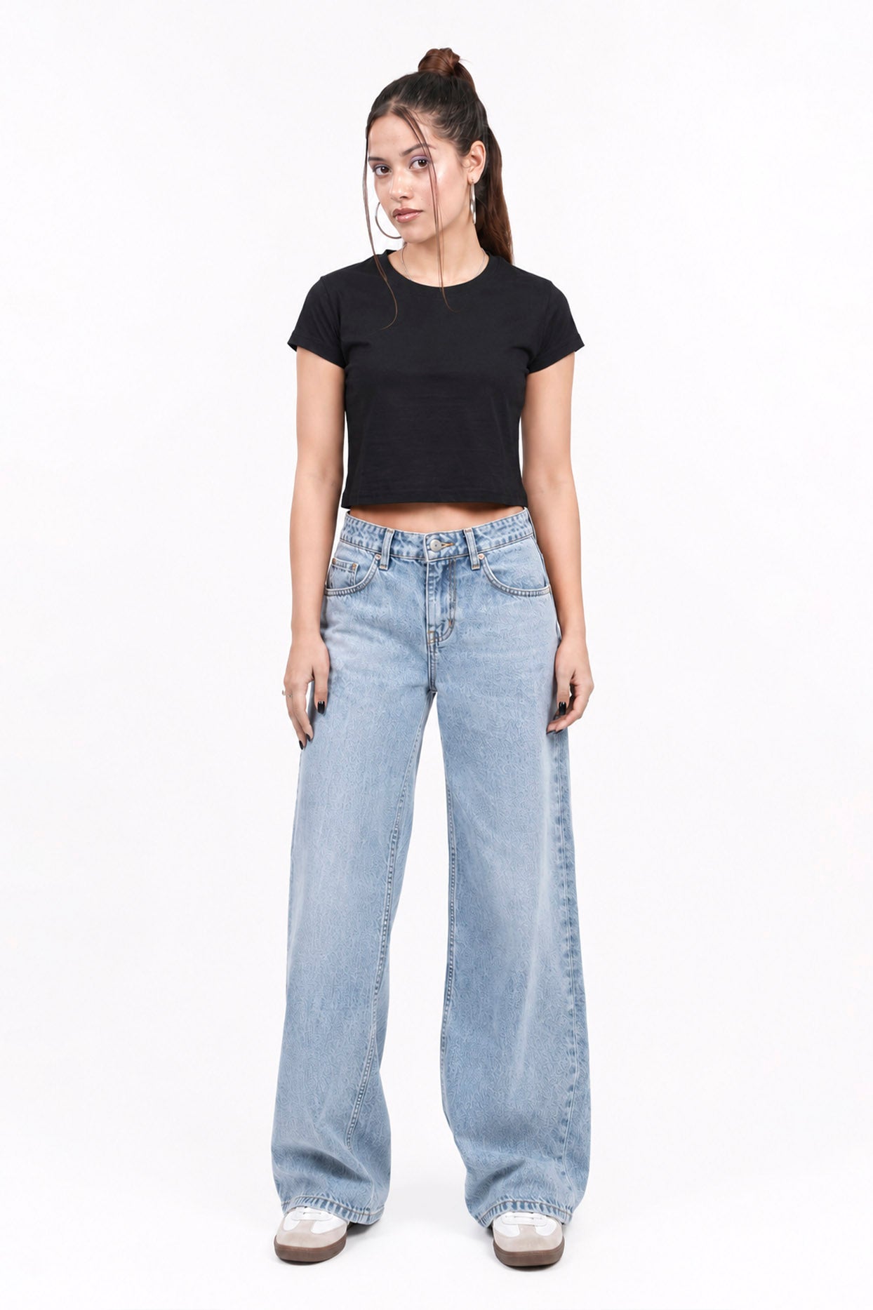 Womenlight blue jeans on a white background.black crop top, black crop top women, women's black crop top, black top for women, trendy black crop top, stylish black crop top, casual black crop top, fitted crop top, cropped top women, sleeveless black top, black fashion top, women's fashion top, ladies black top, black crop tank top, summer crop top, trendy women's clothing, casual women's wear, street style outfit, black crop top outfit, blue jeans outfit.