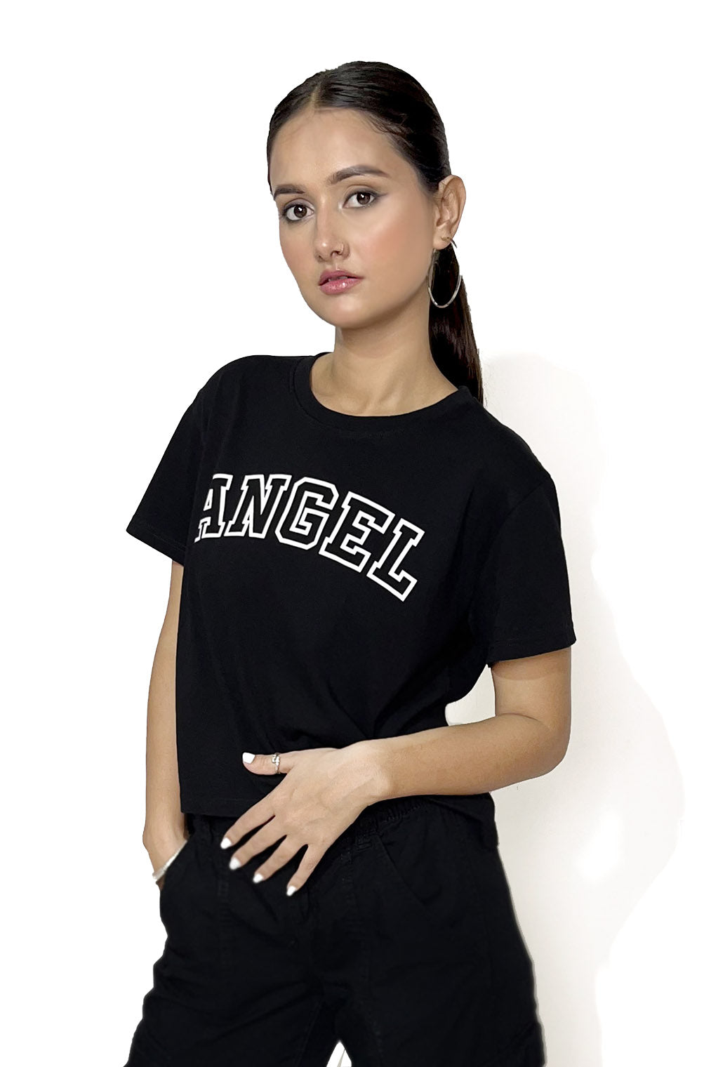 Angel print black t-shirt, casual wear, Slayink Women Angel Graphic black tshirt,black t-shirt women, printed t-shirt women, graphic print black tee. casual wear, cute gahic tshirt , black top, loose tshirt womens, womens print tshirt, printed gym t-shirt women, college wear tshirt, relaxed fit t-shirt , women workout tshirt