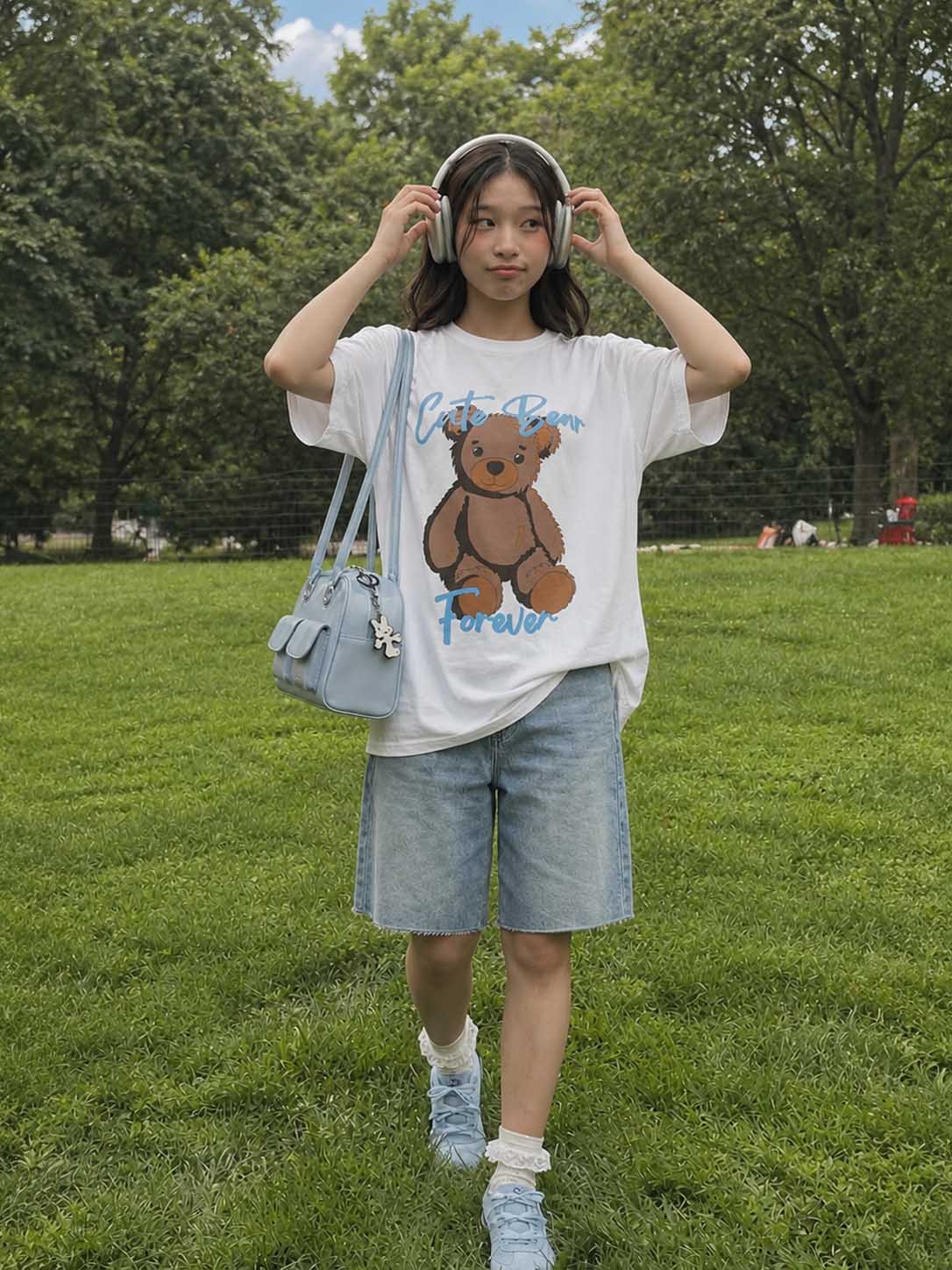White printed oversized t-shirt, teddy bear printed tee, WOMEN FASSHION, CASUAL FASHION