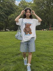 White printed oversized t-shirt, teddy bear printed tee, WOMEN FASSHION, CASUAL FASHION