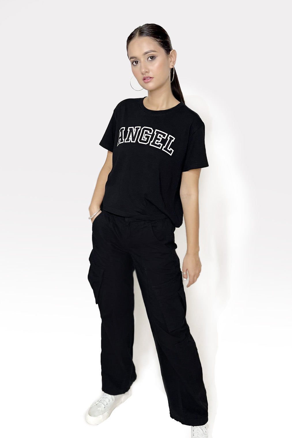 Printed T-shirt, Slayink Women Angel Graphic black tshirt,black t-shirt women, printed t-shirt women, graphic print black tee. casual wear, cute gahic tshirt , black top, loose tshirt womens, womens print tshirt, printed gym t-shirt women, college wear tshirt, relaxed fit t-shirt , women workout tshirt