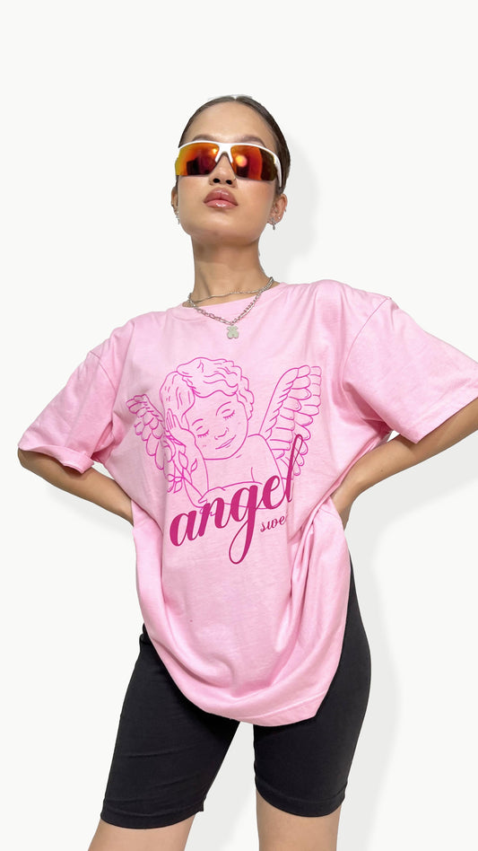 Pink Oversized T-shirt, Graphic Tee, Graphic T-shirt ,Angel Illustration, Sweet Angel T-shirt ,soft Pink T-shirt, Relaxed Fit T-shirt, Cotton T-shirt, casual wear, women t shirt, oversized t-shirt women, tshirt for women, womens t-shirt,