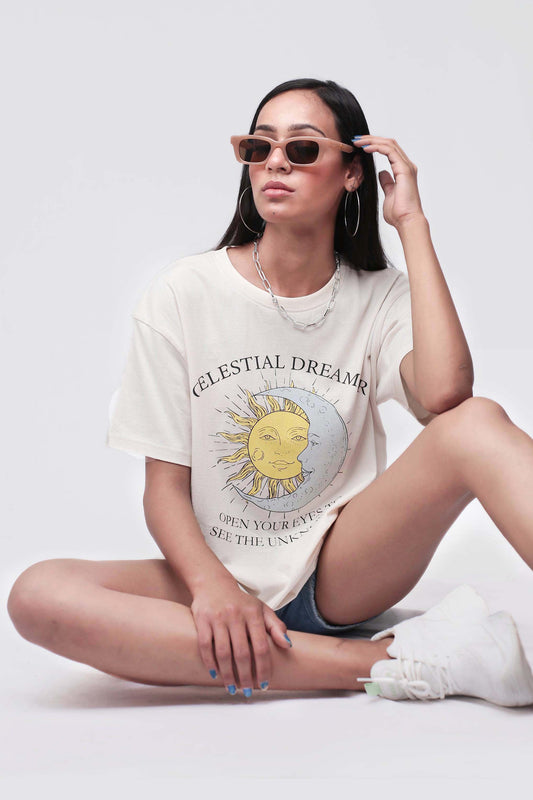 Celestial Dreamer Beige Oversized Tee