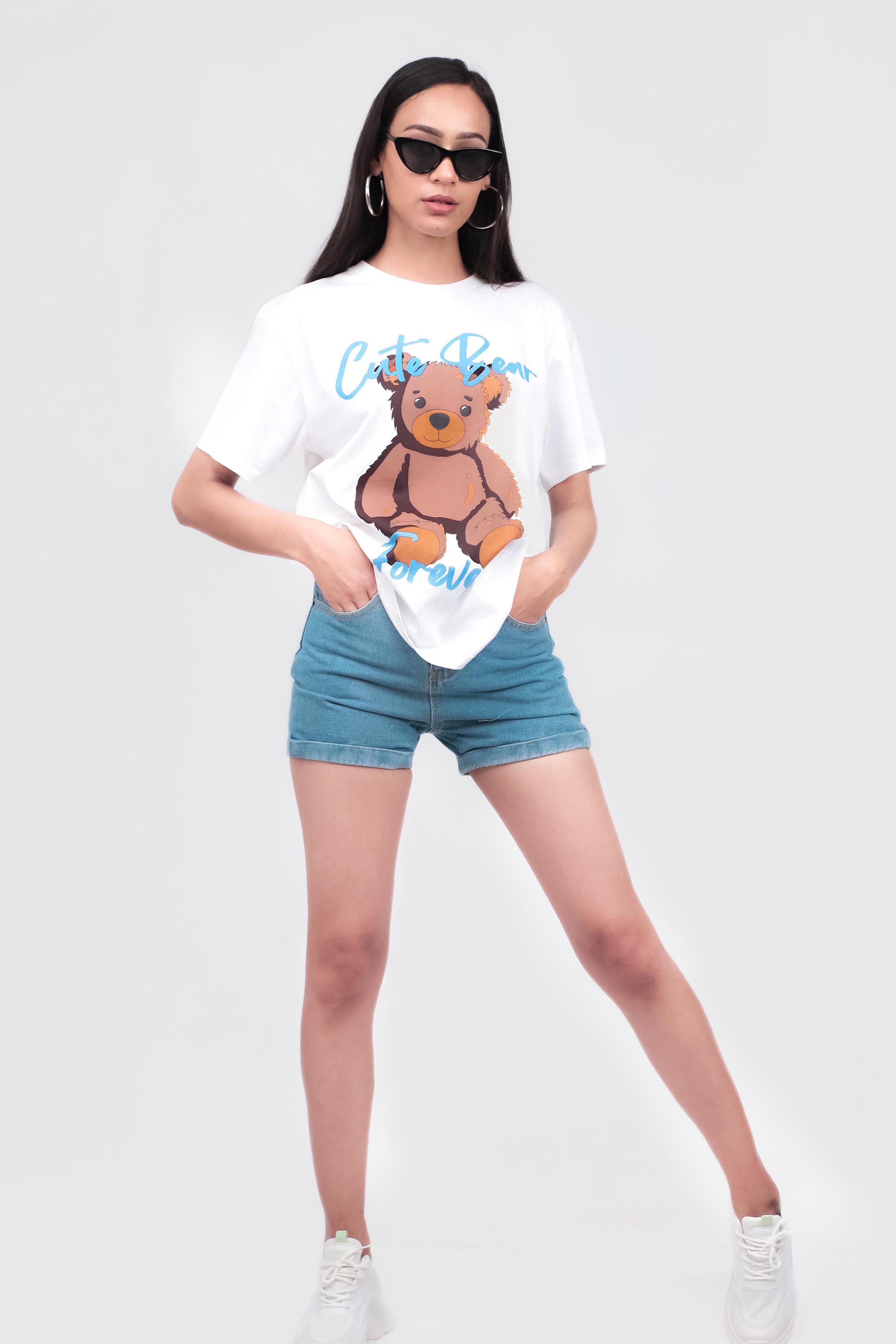 White printed oversized t-shirt, teddy bear printed tee