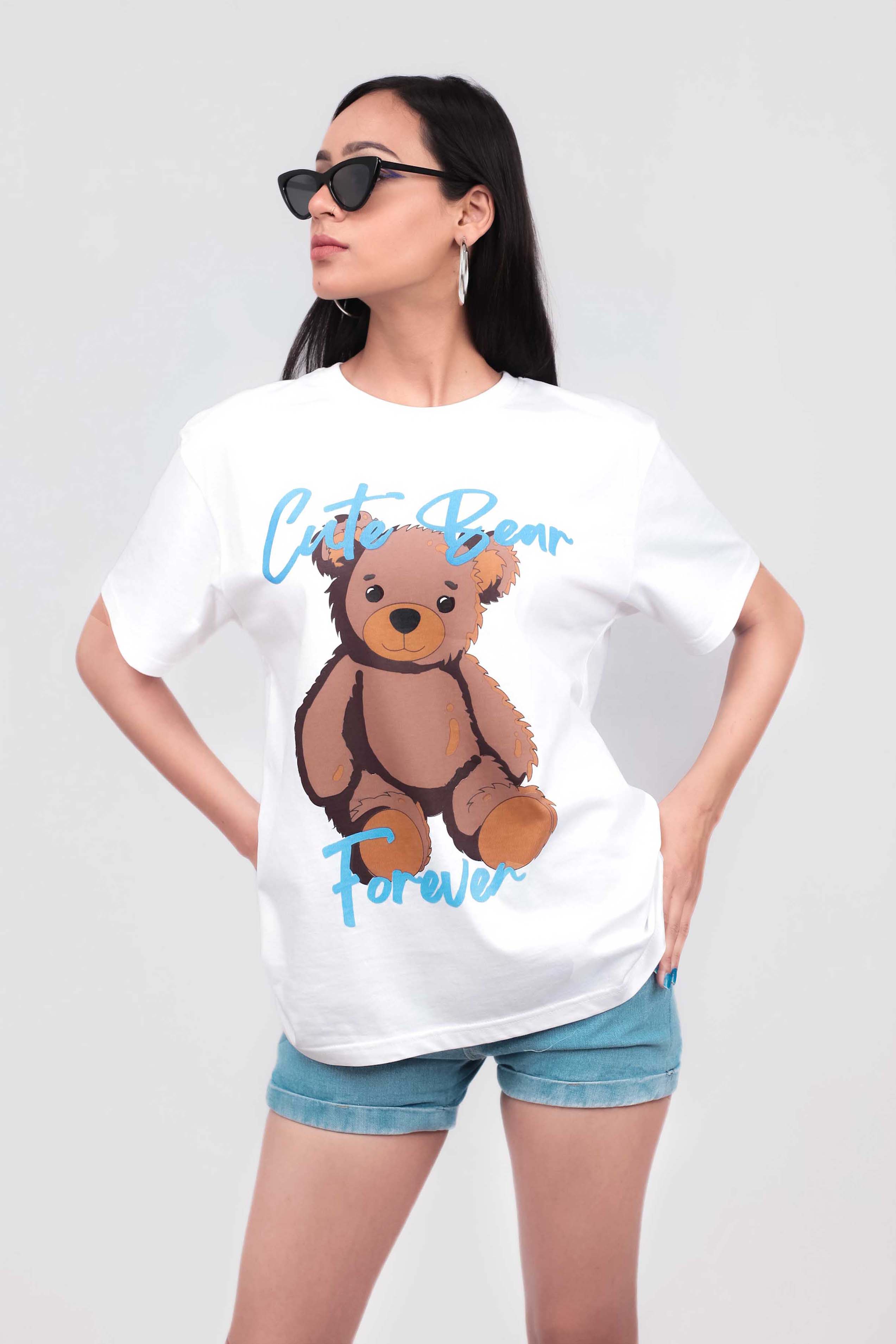 White printed oversized t-shirt, teddy bear printed tee
