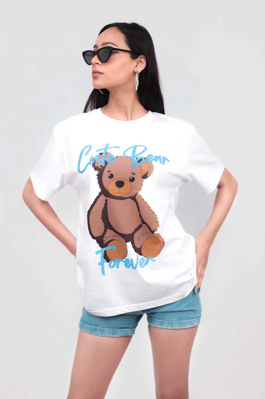 White printed oversized t-shirt, teddy bear printed tee