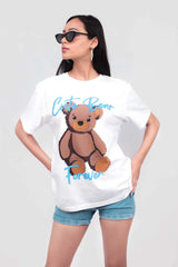 White printed oversized t-shirt, teddy bear printed tee
