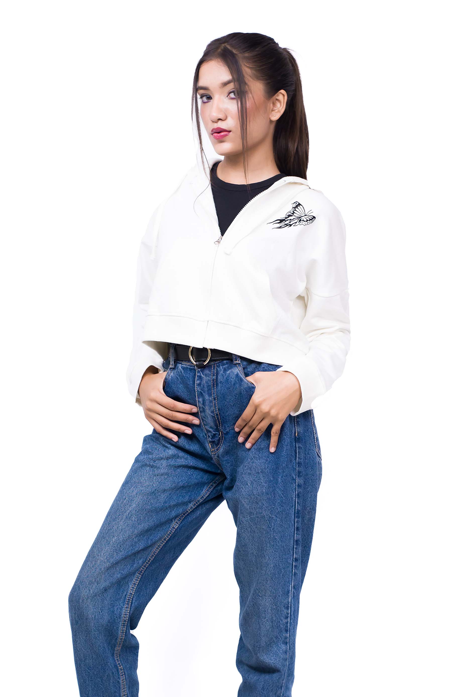 Zipper Crop Hoodie White - Fleece-Slayink-CASUAL,casualwear,Cotton,Crop Sweatshirt,Crop top,Dropshoulder,Hoodie,Loungewear,SWEATSHIRT,Sweattop,Westernwear,Winter,winterclothing,Women winter outfit, women winter clothing