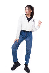 Zipper Crop Hoodie White - Fleece-Slayink-CASUAL,casualwear,Cotton,Crop Sweatshirt,Crop top,Dropshoulder,Hoodie,Loungewear,SWEATSHIRT,Sweattop,Westernwear,Winter,winterclothing,Women winter outfit, women winter clothing