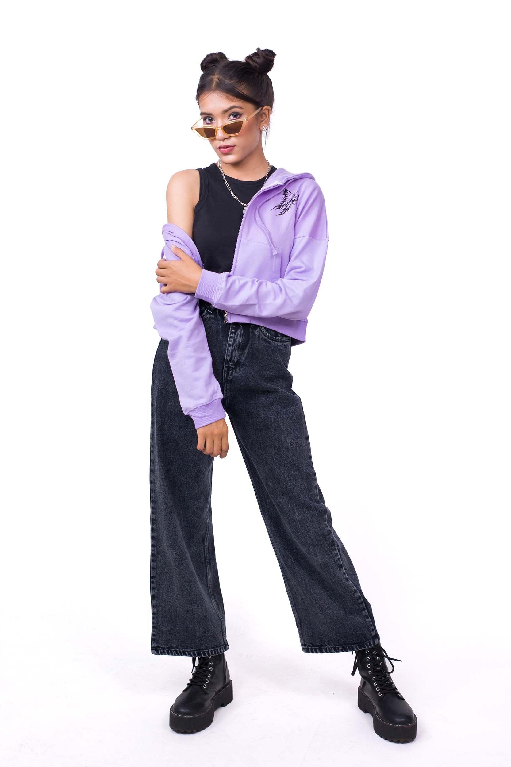 Zipper Crop Hoodie Lilac - Fleece-Slayink-CASUAL,casualwear,Cotton,Crop Sweatshirt,Crop top,Dropshoulder,Hoodie,Loungewear,SWEATSHIRT,Sweattop,Westernwear,Winter,winterclothing