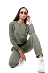 Olive Loungewear Set-Slayink-bottoms,CASUAL,casualwear,Cotton,Crop top,Hoodie,joggers,Loungewear,SWEATSHIRT,Sweattop,trackpants,Westernwear,Winter,winterclothing