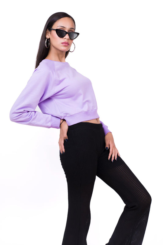 Raglan Sleeve Crop Sweatshirt Lilac - Fleece-Slayink-CASUAL,casualwear,Cotton,Crop Sweatshirt,Crop top,Loungewear,SWEATSHIRT,Sweattop,Westernwear,Winter,winterclothing,women winter outfit, women winter style, women winterwear