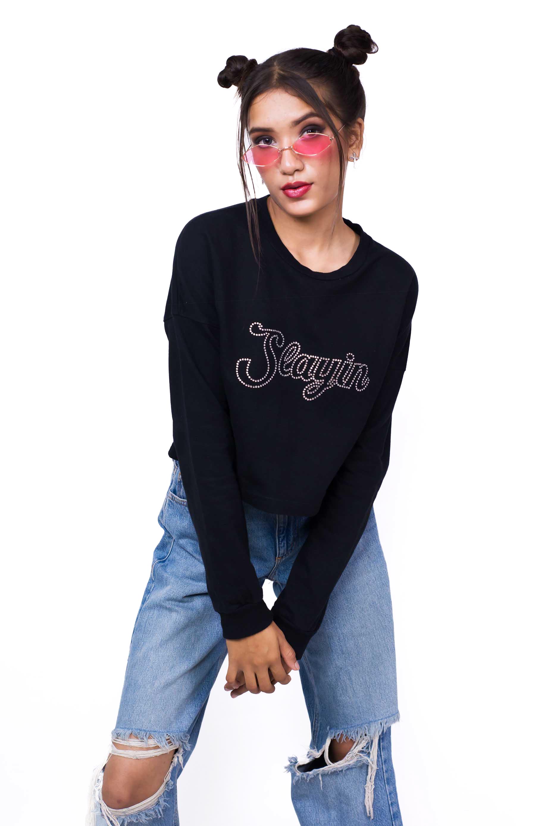 Black sweatshirt, Terry cotton sweatshirt,100% cotton sweatshirt, Black printed sweatshirt, Trendy black sweatshirt, Comfortable black sweatshirt, Casual black sweatshirt, Women's black sweatshirt, graphic sweatshirt, Stylish black sweatshirt