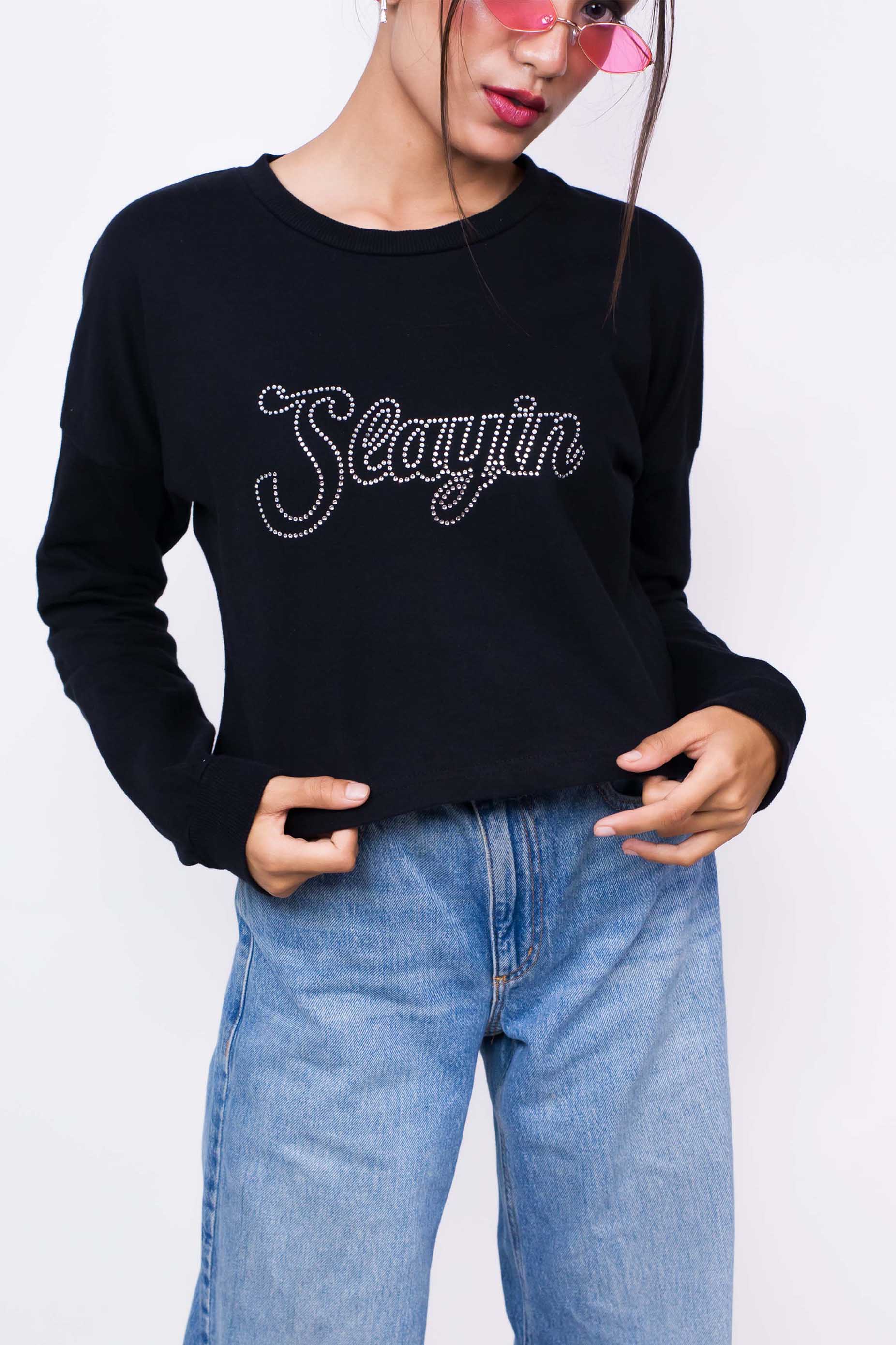 Black sweatshirt, Terry cotton sweatshirt,100% cotton sweatshirt, Black printed sweatshirt, Trendy black sweatshirt, Comfortable black sweatshirt, Casual black sweatshirt, Women's black sweatshirt, graphic sweatshirt, Stylish black sweatshirt