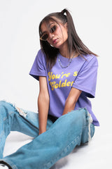 Purple Graphic T-shirt , purple tshirt, relaxed fit tshirt, printrd tshirt, trendy college wear, slogan tee, you are so golden, casual wear women , graphic tee for girls, pastel top,,women workout t-shirt,gym t-shirt women, ladies top, cotton t-shirt, trndy graphic tee, trending top, baggy top, gym tee, loose tshirts for ladies,gym shirt , purple top