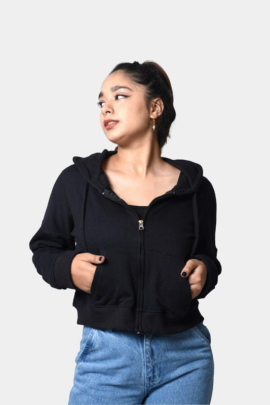 Zipper Crop Hoodie Black - Fleece-Slayink-CASUAL,casualwear,Cotton,Crop Sweatshirt,Crop top,Dropshoulder,Hoodie,Loungewear,SWEATSHIRT,Sweattop,Westernwear,Winter,winterclothing