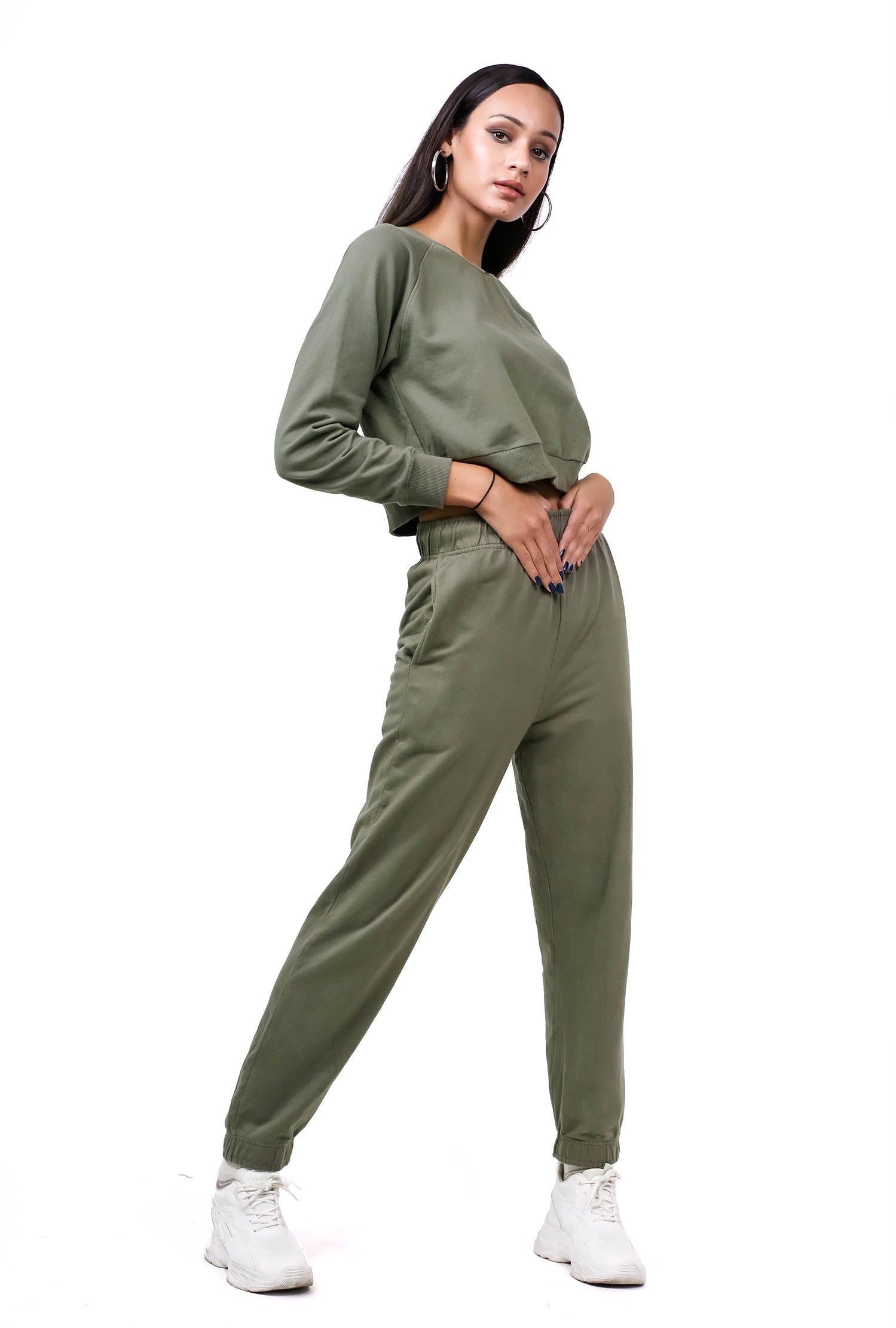 olive co-ord set, olive loungewear set, olive crop sweatshirt and joggers,100% cotton olive co-ord set, comfortable olive co-ord set, stylish olive loungewear, olive high waist joggers set, casual olive co-ord outfit