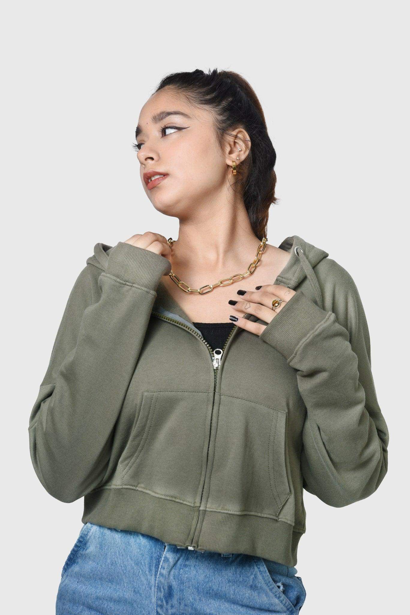 Zipper Crop Hoodie Olive - Fleece-Slayink-CASUAL,casualwear,Cotton,Crop Sweatshirt,Crop top,Dropshoulder,Hoodie,Loungewear,SWEATSHIRT,Sweattop,Westernwear,Winter,winterclothing