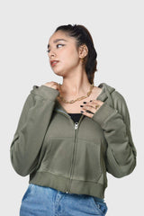 Zipper Crop Hoodie Olive - Fleece-Slayink-CASUAL,casualwear,Cotton,Crop Sweatshirt,Crop top,Dropshoulder,Hoodie,Loungewear,SWEATSHIRT,Sweattop,Westernwear,Winter,winterclothing
