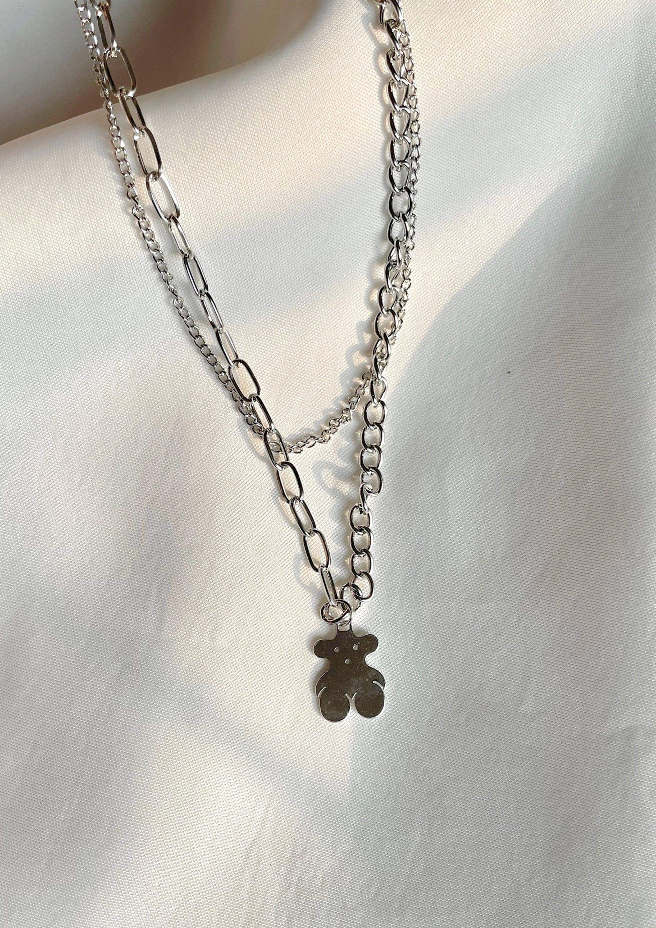 Teddy Silver Chain Necklace-Slayink-accessories,chain,chain necklace,jewellery,Multi-layer chain necklace,necklace,necklaces,Silver chain