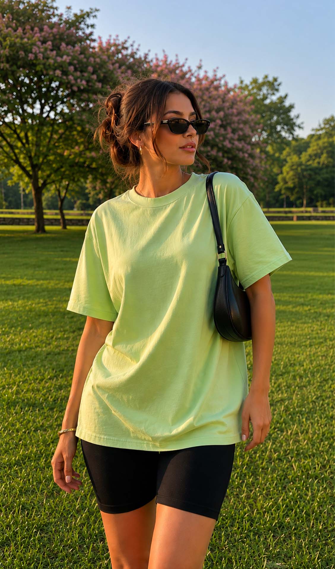 A woman standing in a field wearing an oversized pastel green co-ord set with a round neckline and white sneakers.oversized matching set, pastel green airport look, comfortable streetwear fashion, Korean-inspired oversized outfit, relaxed fit two-piece set.comfy travel outfit women, summer co ord set, trendy co ord set India, Instagram trendy outfit, Pinterest fashion outfit