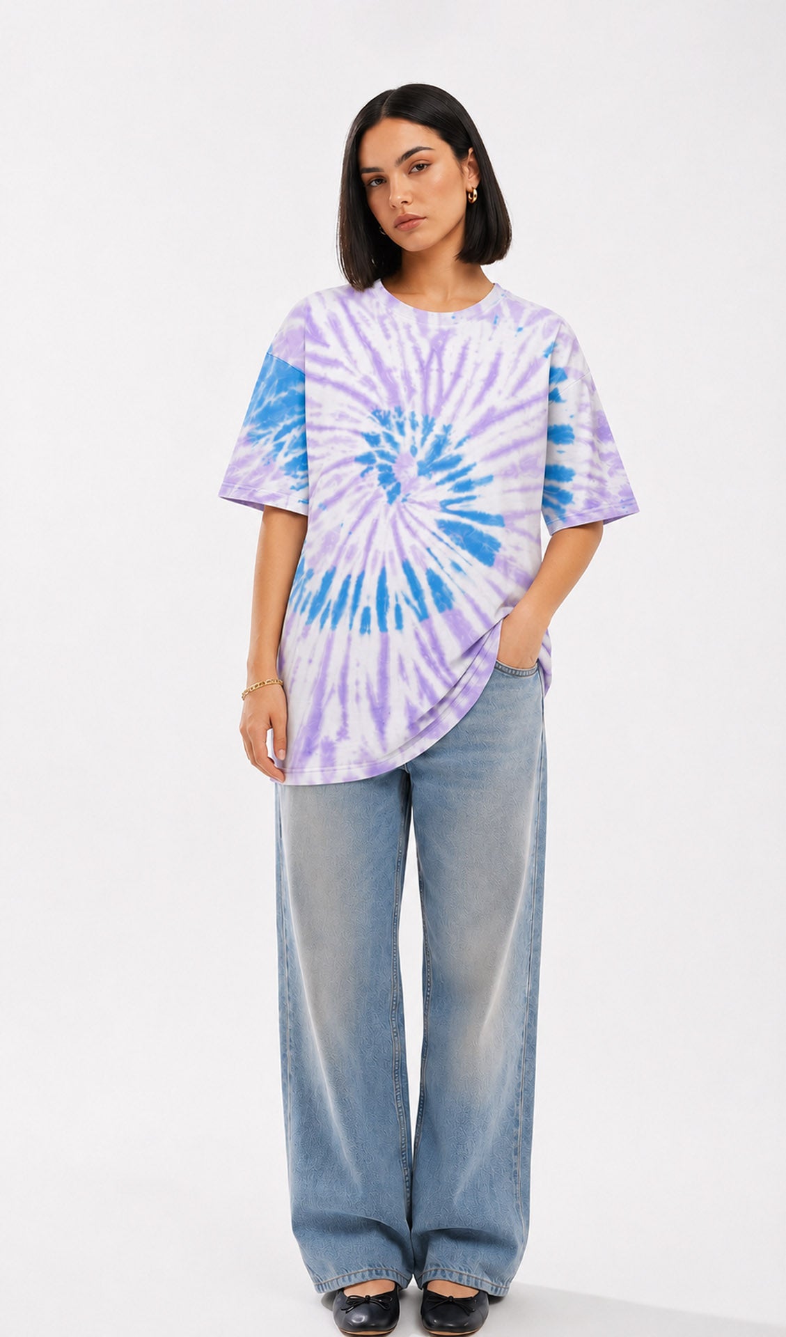 women wearing a tie-dye shirt and jeans on a white background.Slayink women Tie & dye tshirt, Slayink women t-Shirt,Oversized T-shirt, Oversized tie & dye T-shirt, oversized t-shirt, trendy college wear,casual wear, pastel top, women workout t-shirt,gym t-shirt women, ladies top, cotton t-shirt, trending top, baggy top, gym tee, loose tshirts for ladies, gym shirt , purple top, tie dye t-shirt women, Soft Girl Fashion, affordable  t-shirt, printed t-shirt women, college wear, t-shirt women.