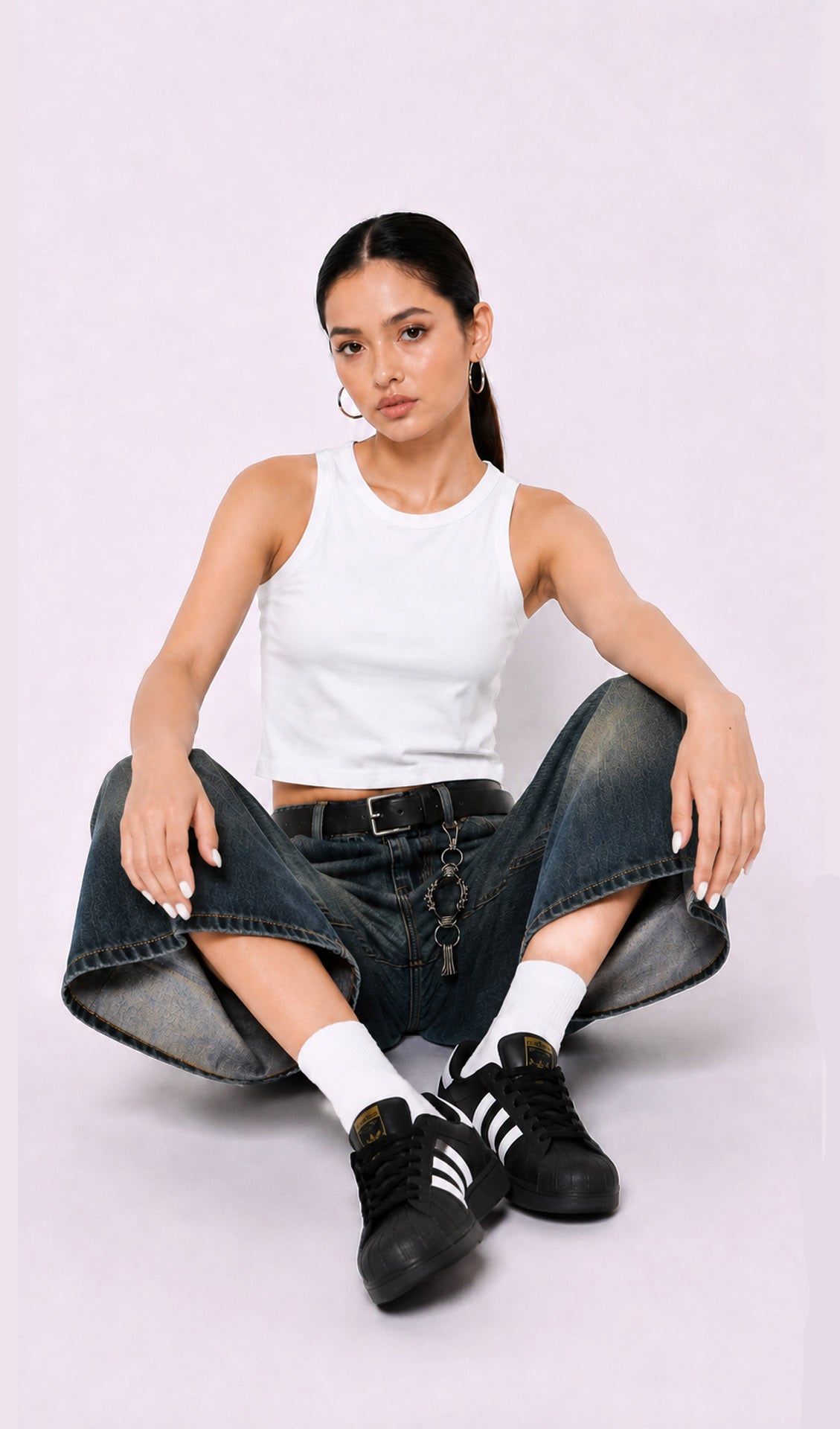 Woman wearing a white tank top, blue jeans, and black Adidas shoes on a white background.white tank top, white tank top women, women's white tank top, sleeveless white top, basic white tank top, white camisole top, white summer top, women's casual top, white fashion top, dark blue denim culottes, denim culottes women, denim jorts women, women's jorts outfit, wide leg denim shorts, knee length denim shorts, blue denim jorts, denim bermuda shorts women, culotte jeans.