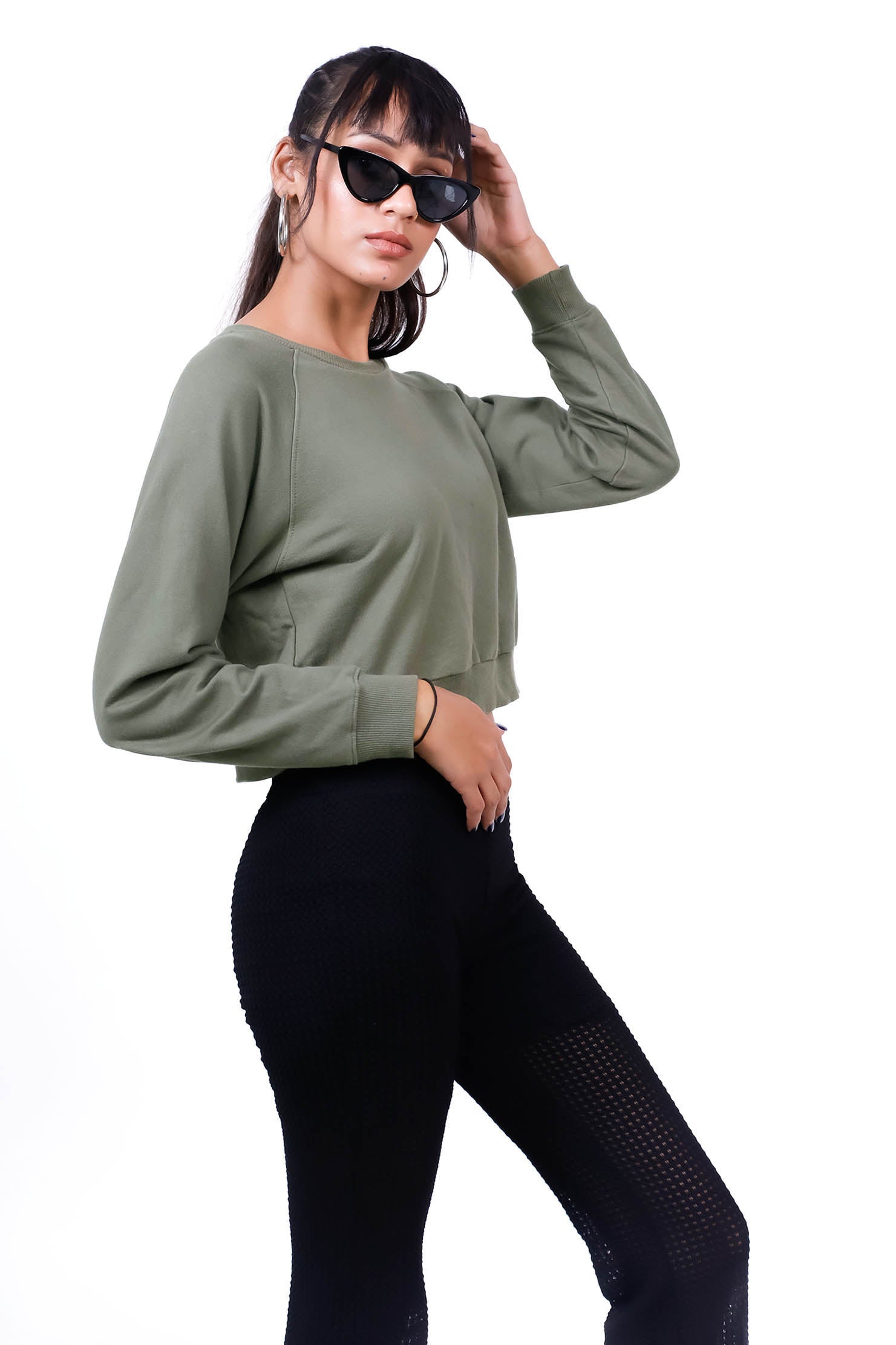 Raglan Sleeve Crop Sweatshirt Olive - Fleece