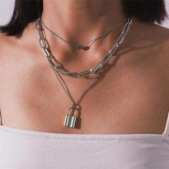 Lock Heart Multi-layered Chain Necklace Silver-Slayink-accessories,chain,chain necklace,jewellery,lock heart multilayer chain,Multi-layer chain necklace,necklace,necklaces,Silver chain,Silver Chain Choker