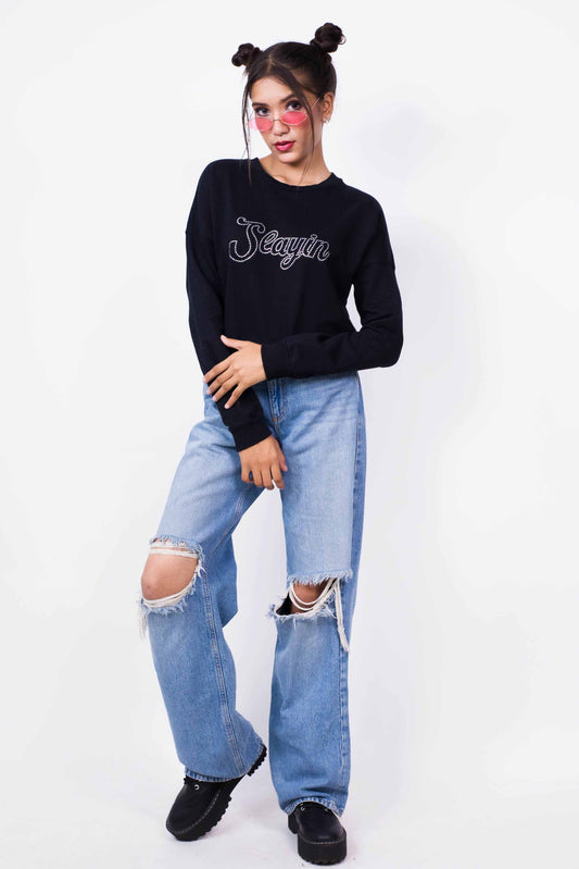 Black sweatshirt, Terry cotton sweatshirt,100% cotton sweatshirt, Black printed sweatshirt, Trendy black sweatshirt, Comfortable black sweatshirt, Casual black sweatshirt, Women's black sweatshirt, graphic sweatshirt, Stylish black sweatshirt