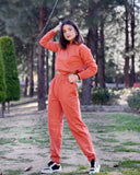 orange co-ord set, orange loungewear set, orange crop sweatshirt and joggers,100% cotton orange co-ord set, comfortable orange co-ord set, stylish orange loungewear, orange high waist joggers set, casual orange co-ord outfit