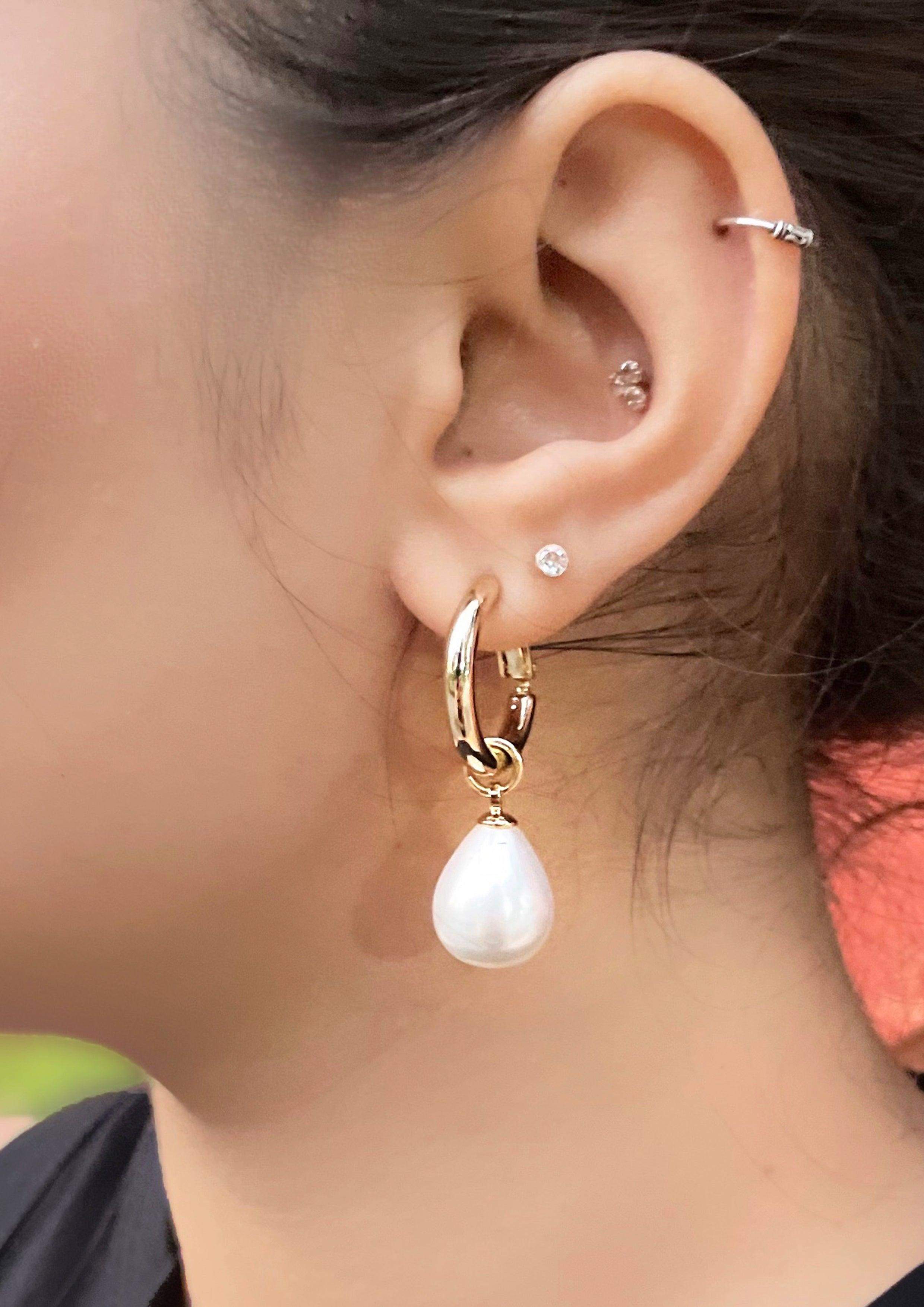 Irregular Faux Pearl Huggie Hoop Earrings Pearl/Gold/Diamente | French  Connection UK