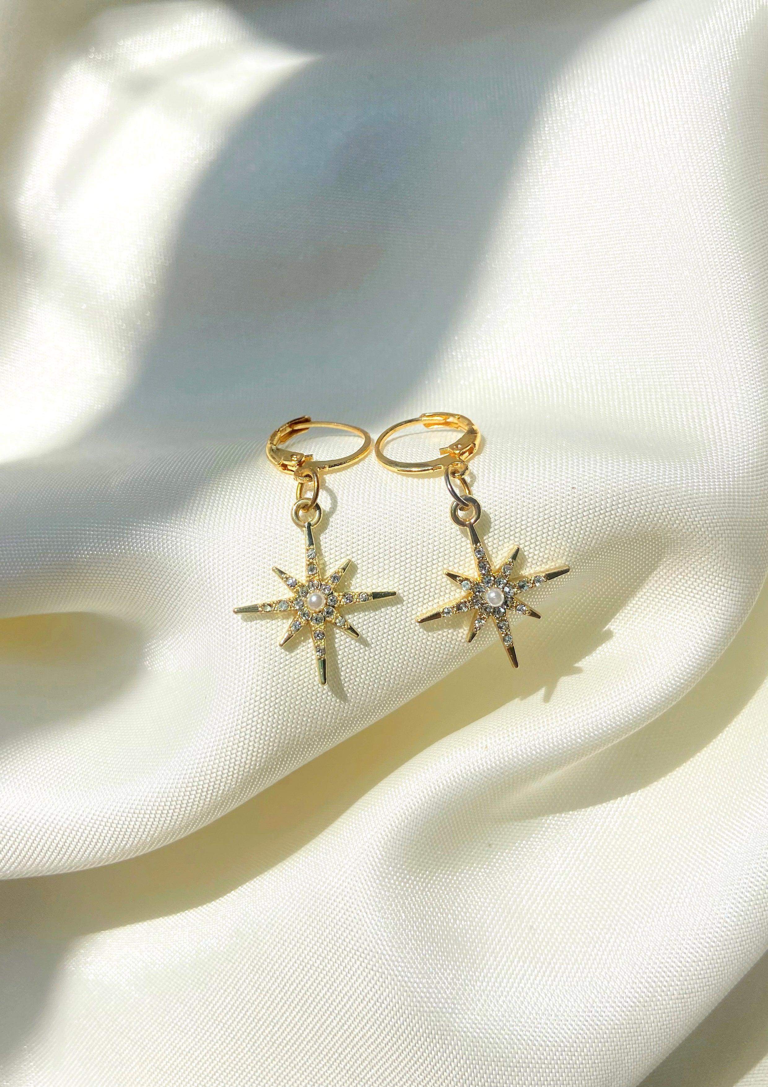 Starburst Pavé Star Earrings-Slayink-accessories,dazzle gold hoop,earrings,Gold Earring,huggie earrings,huggies,jewellery,Rhinestone earrings,star earrings,starburst star earring